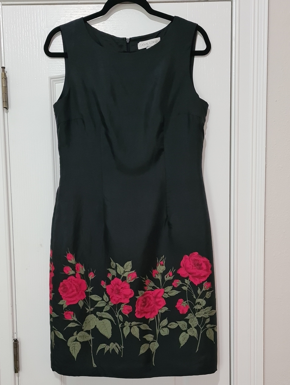 Casual Corner - Silk Black Midi Sheath Dress with Rose Border